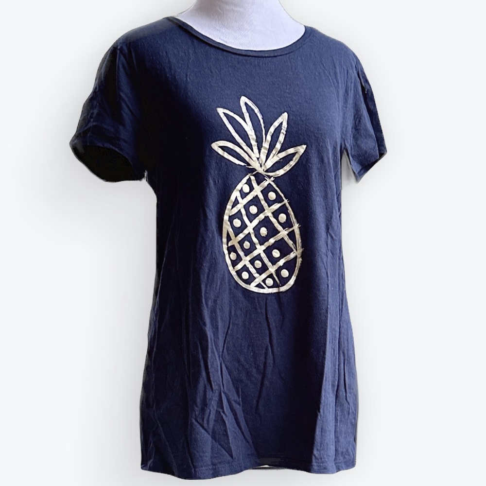 Summery Casual Cotton Metallic Gold Pineapple Navy Blue Short Sleeved Tee ~ M